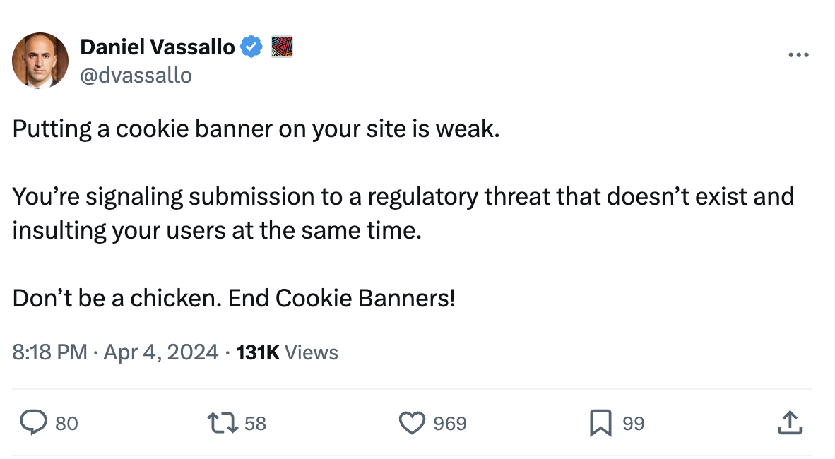 Putting a cookie banner in your website is weak.